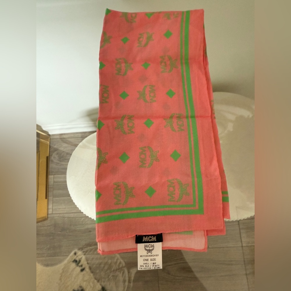 MCM Pink Silk Bandana with Green Details - Picture 3 of 4